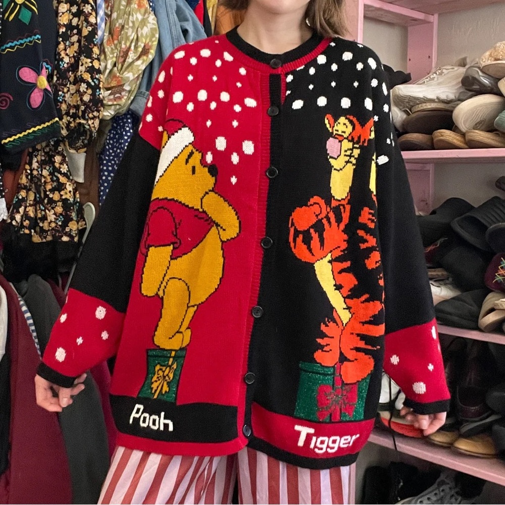 Vintage Disney Winnie The Pooh Holiday Button-Front Cardigan Sweater (XL)